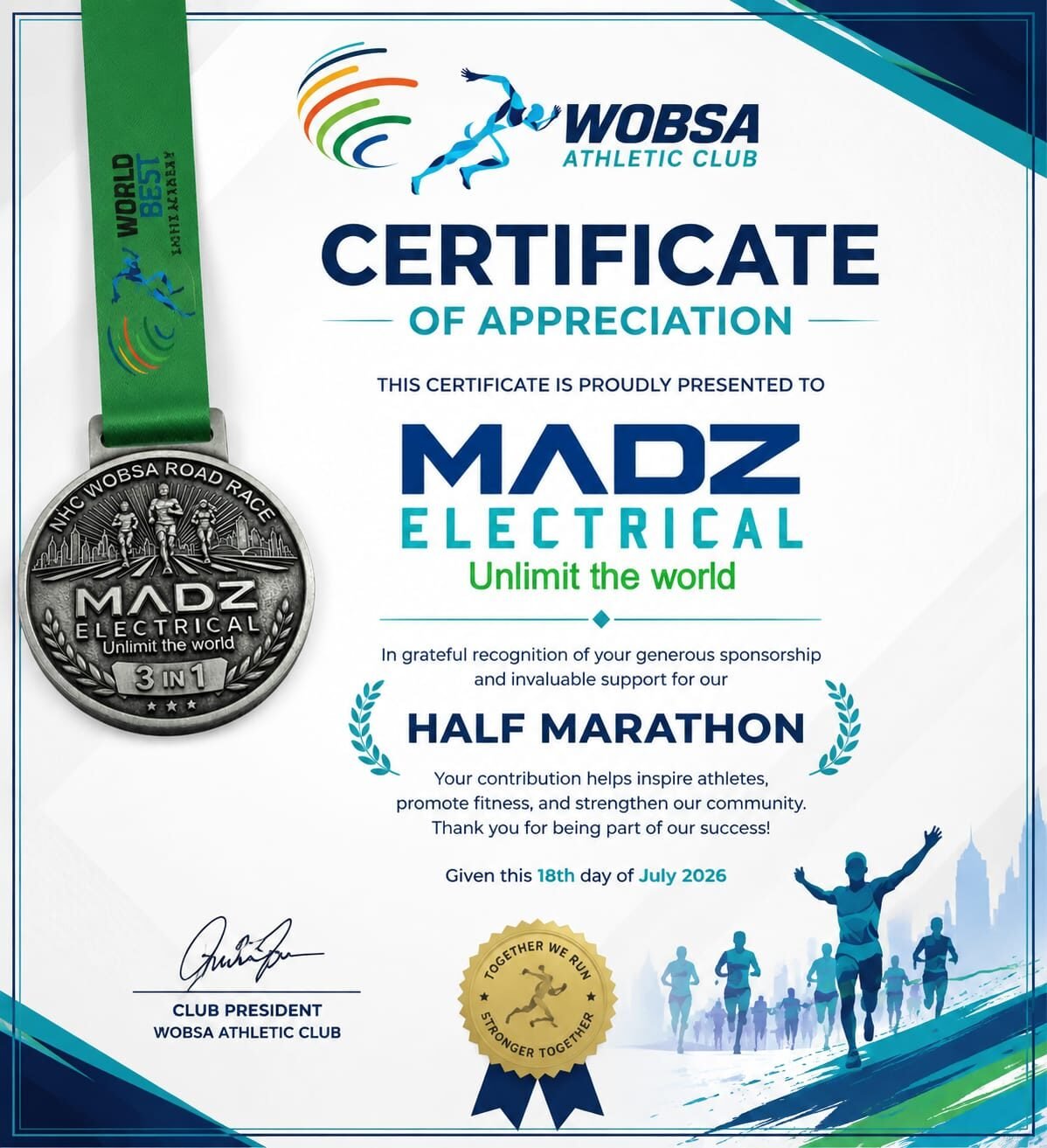 WOBSA Athletic Club certificate of appreciation presented to Madz Electrical for sponsoring the half marathon